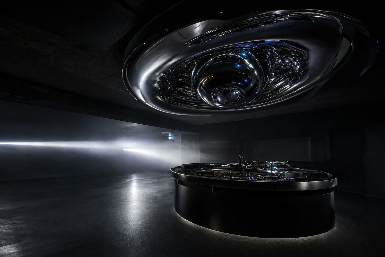A sculptural DJ room lit by a single white beam