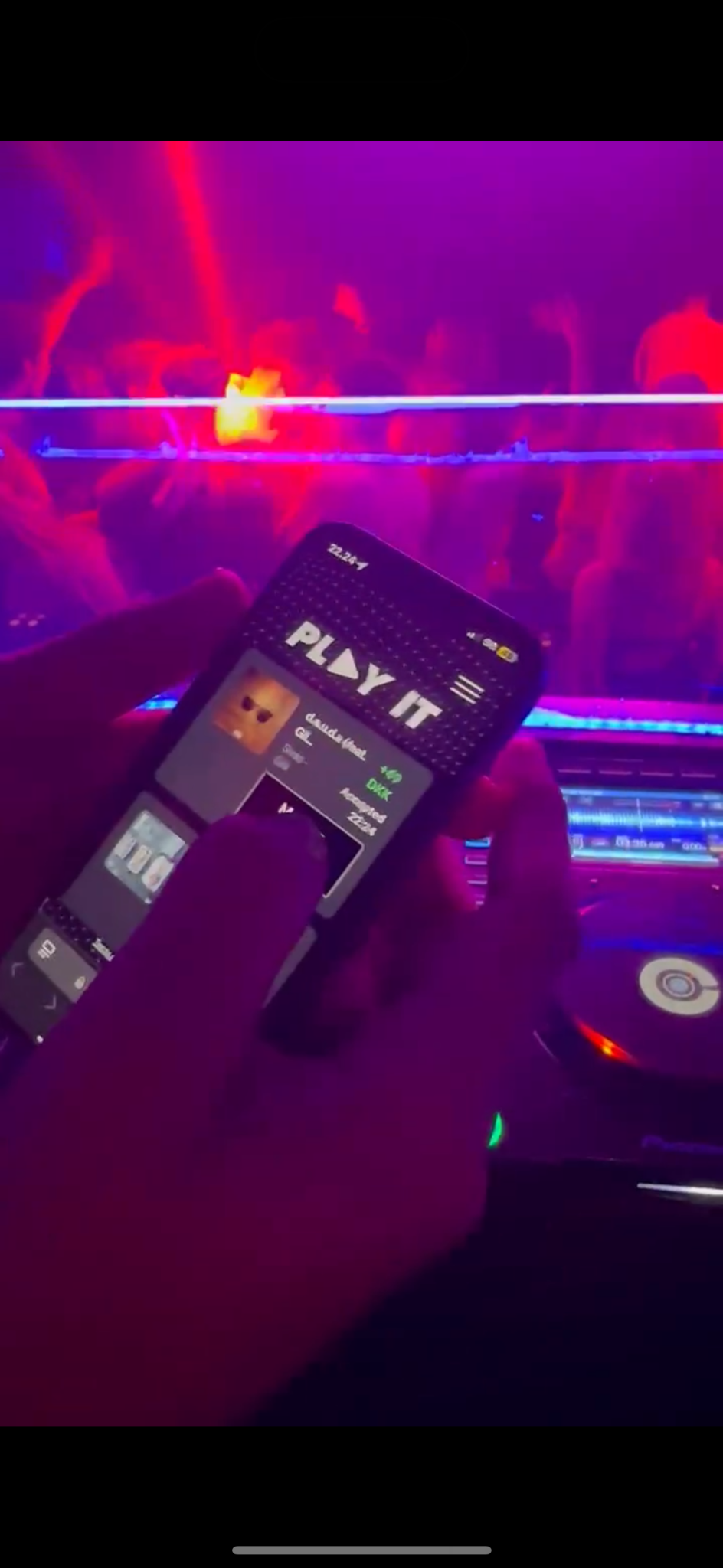 Real PLAY IT request screen beside the DJ booth