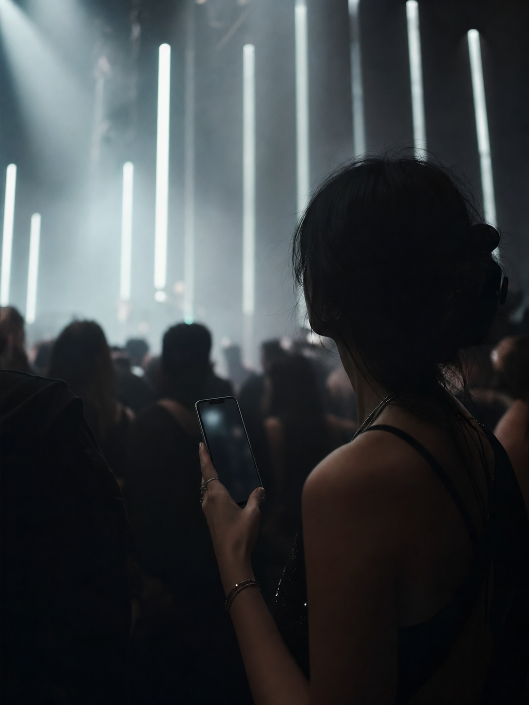 A guest holding a phone in a dark club beneath vertical white lights