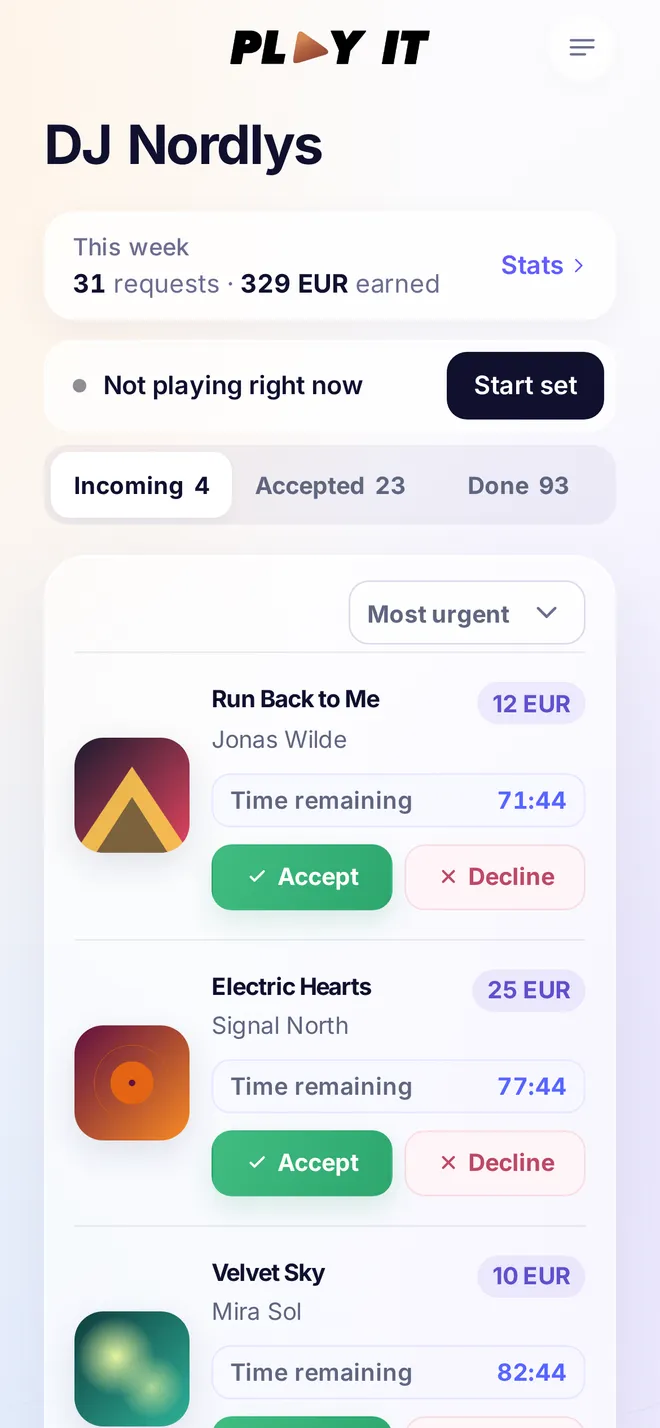 Incoming song requests with accept and decline